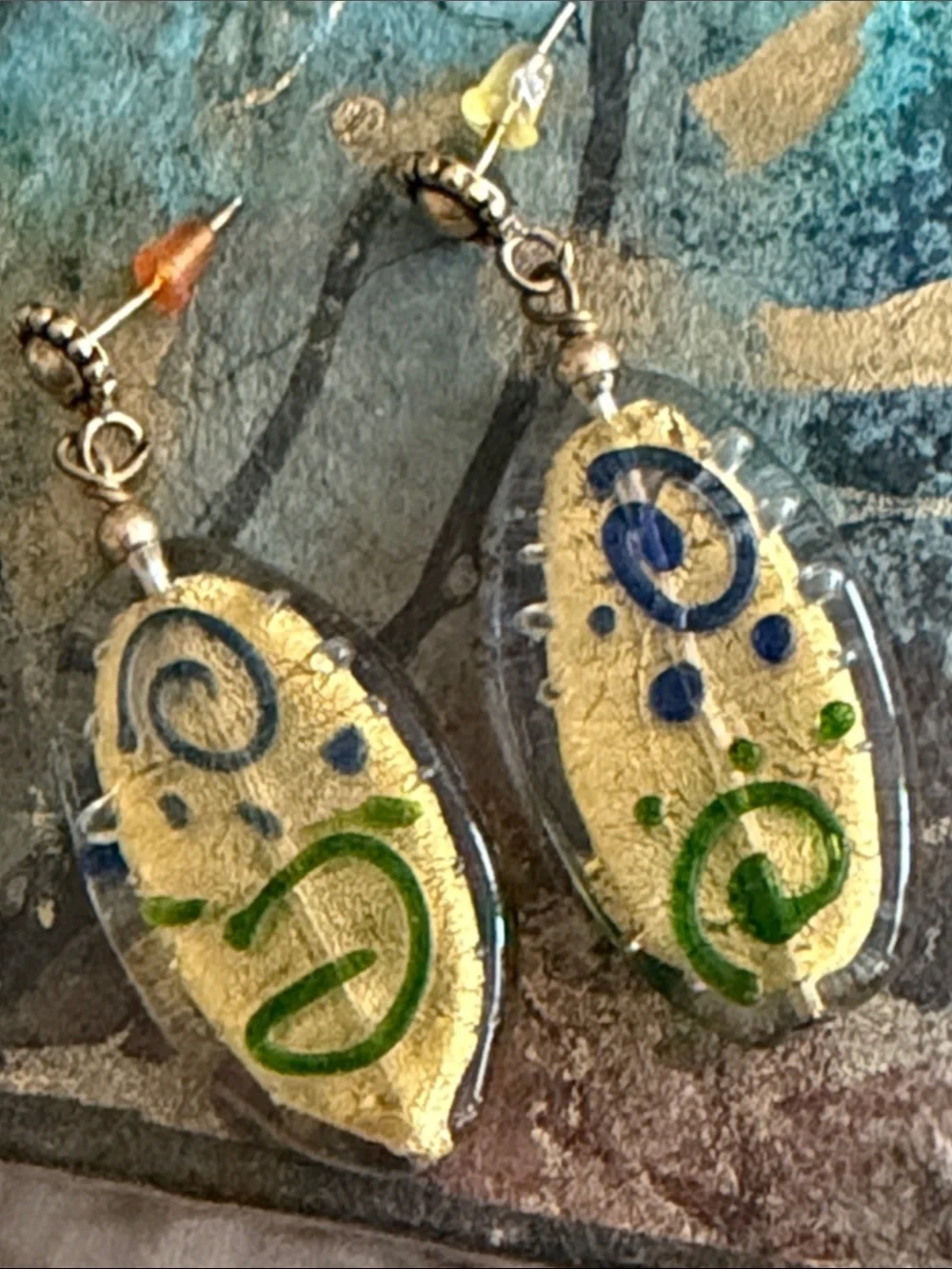 Exquisite blown glass pierced earrings post style gold lime green cobalt blue